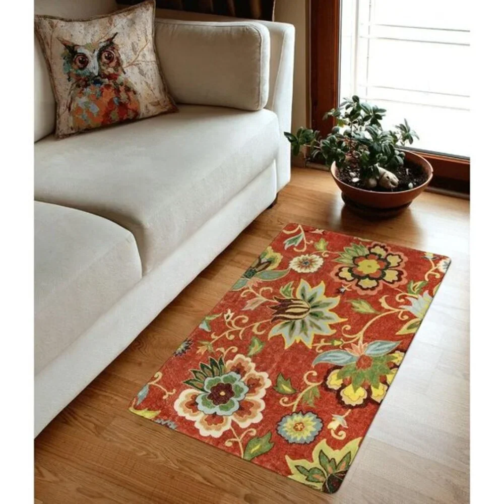 New 2 x 3ft Red Kitchen Area Rug, Washable Non-Slip Floral Mat for Home & Entry